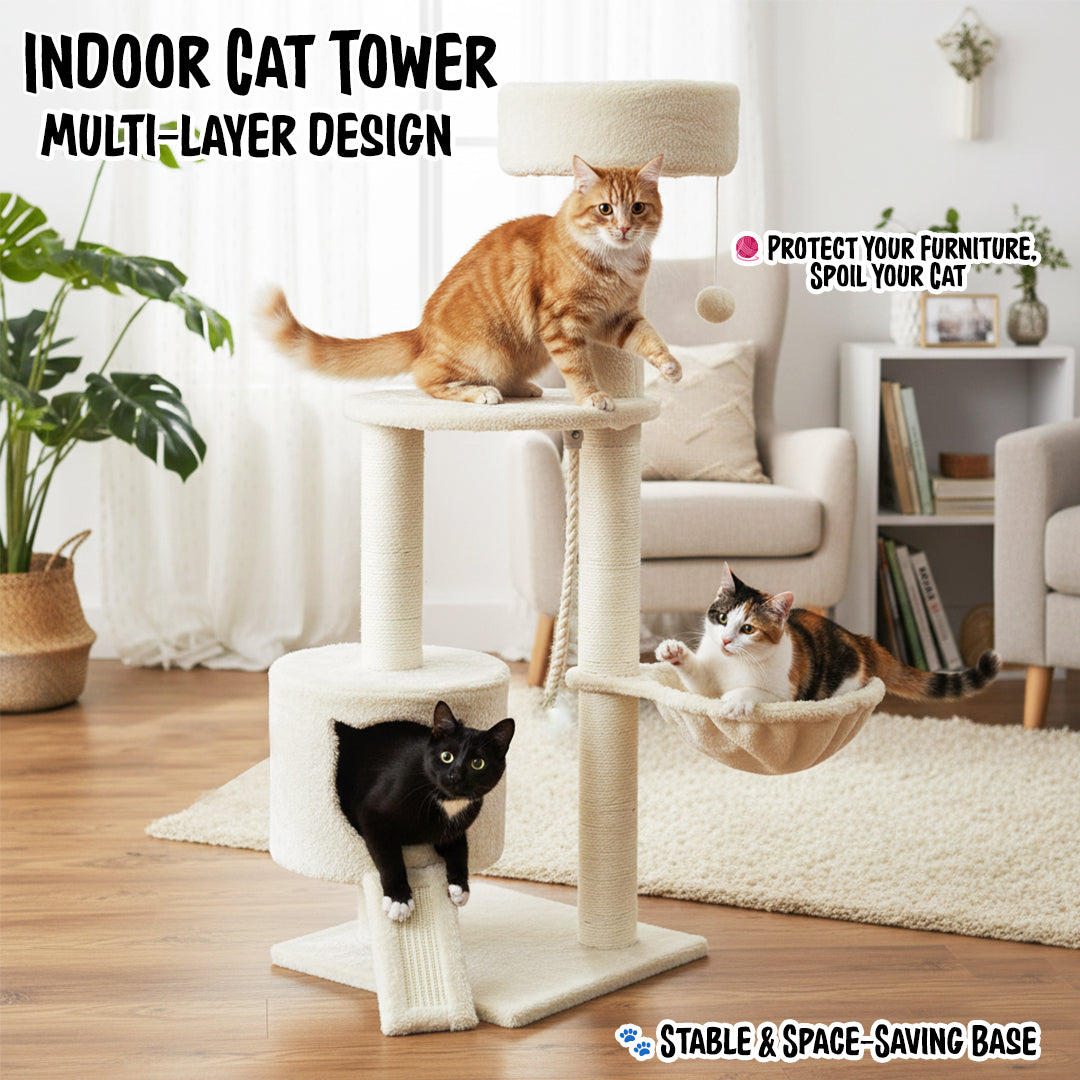 Cat Tree Tower with Condo and Hammock for Kittens & Adults Cats, 116 cm Multi-Level Cat Activity Center with Ladder, Sisal Scratching Posts, Plush Top Bed, large Platform and Hanging Ball, (Beige)