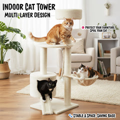 Cat Tree Tower with Condo and Hammock for Kittens & Adults Cats, 116 cm Multi-Level Cat Activity Center with Ladder, Sisal Scratching Posts, Plush Top Bed, large Platform and Hanging Ball, (Beige)