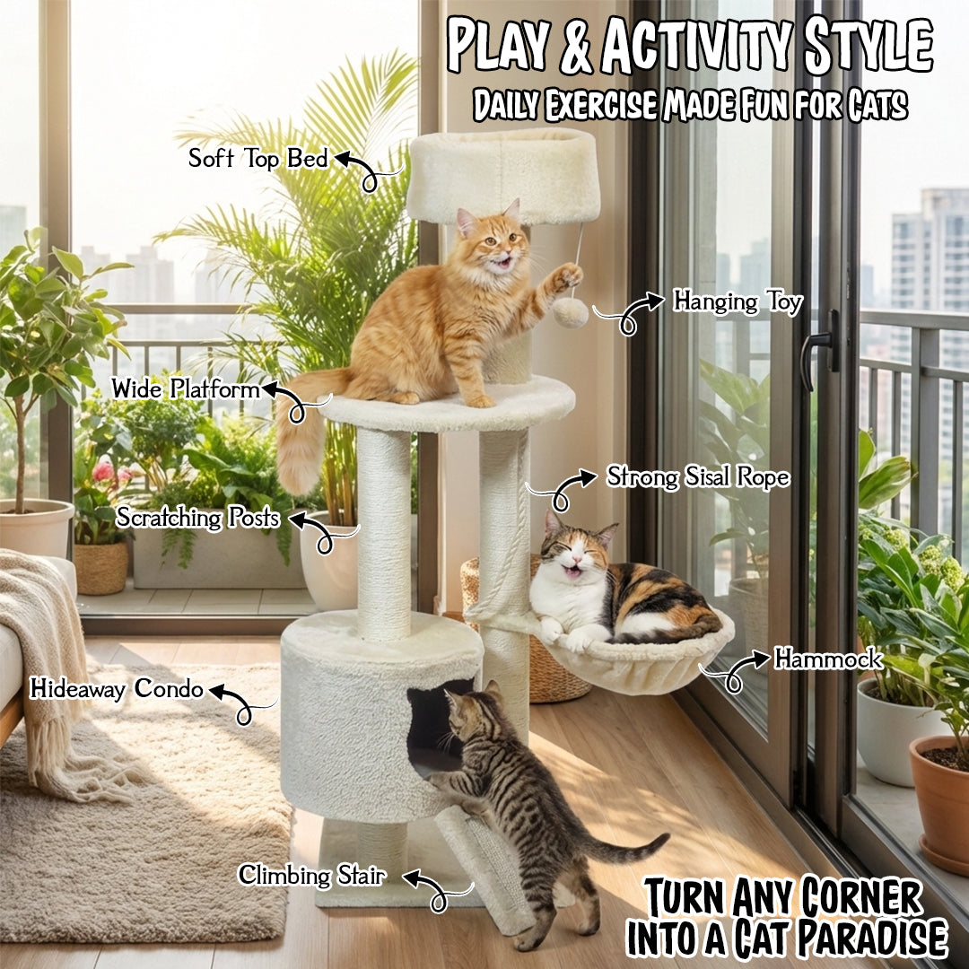 Cat Tree Tower with Condo and Hammock for Kittens & Adults Cats, 116 cm Multi-Level Cat Activity Center with Ladder, Sisal Scratching Posts, Plush Top Bed, large Platform and Hanging Ball, (Beige)