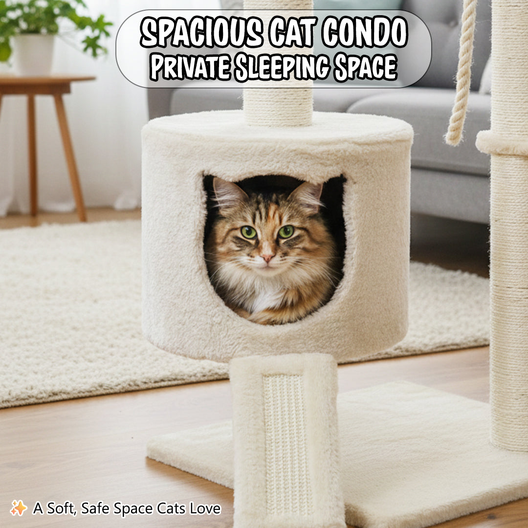 Cat Tree Tower with Condo and Hammock for Kittens & Adults Cats, 116 cm Multi-Level Cat Activity Center with Ladder, Sisal Scratching Posts, Plush Top Bed, large Platform and Hanging Ball, (Beige)