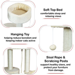 Cat Tree Tower with Condo and Hammock for Kittens & Adults Cats, 116 cm Multi-Level Cat Activity Center with Ladder, Sisal Scratching Posts, Plush Top Bed, large Platform and Hanging Ball, (Beige)