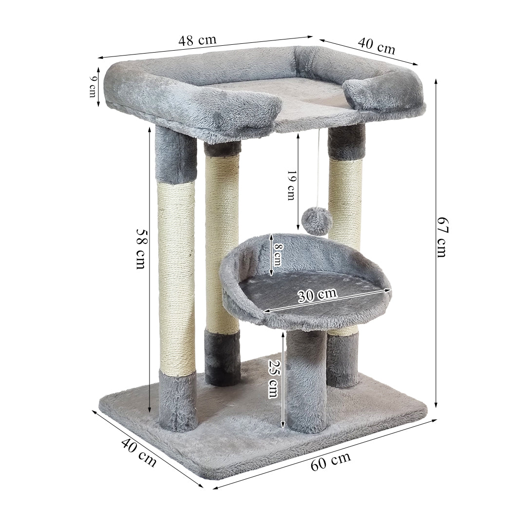 Cat Tree Tower Large Top Perches, Cozy lounge Bed, & Soft Plush, 67cm Multi-Level Cat Condo with Sisal Scratching Posts, Hanging Plush Ball, Cat Activity Center for Indoor Kittens & Adult Cats, (Gray)