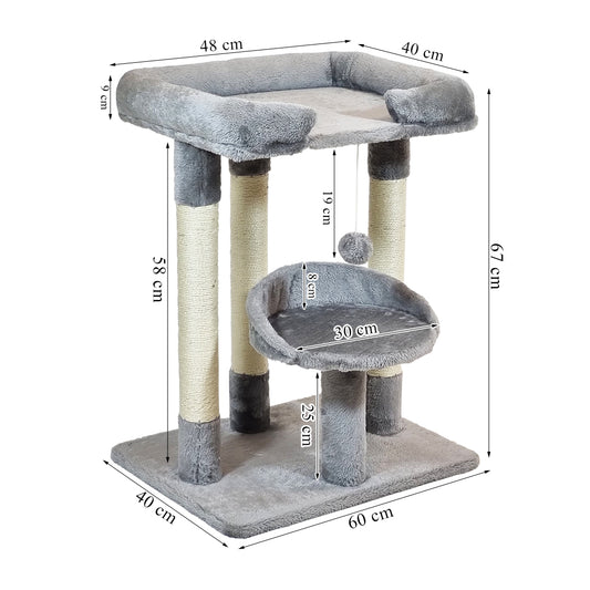 Cat Tree Tower Large Top Perches, Cozy lounge Bed, & Soft Plush, 67cm Multi-Level Cat Condo with Sisal Scratching Posts, Hanging Plush Ball, Cat Activity Center for Indoor Kittens & Adult Cats, (Gray)