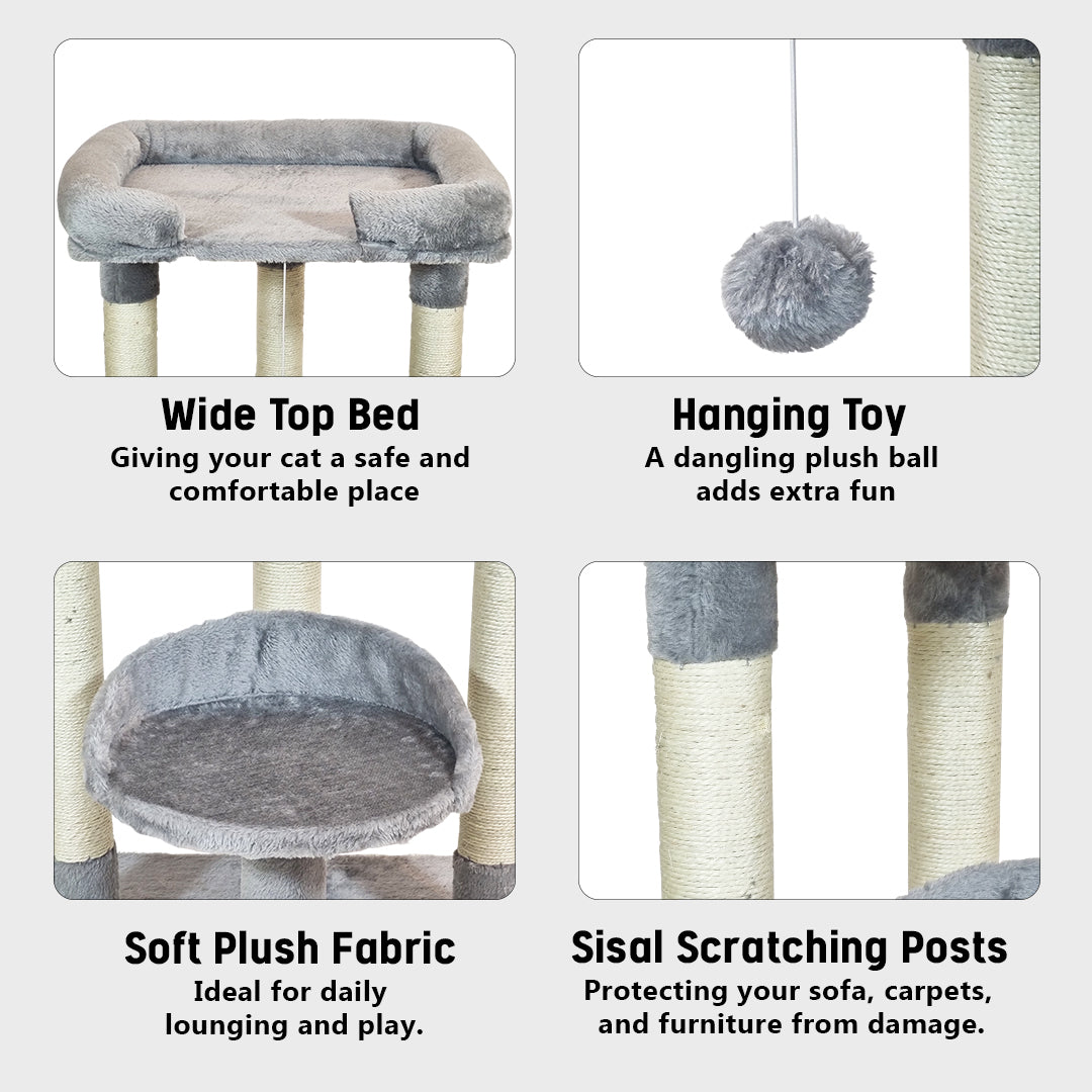 Cat Tree Tower Large Top Perches, Cozy lounge Bed, & Soft Plush, 67cm Multi-Level Cat Condo with Sisal Scratching Posts, Hanging Plush Ball, Cat Activity Center for Indoor Kittens & Adult Cats, (Gray)