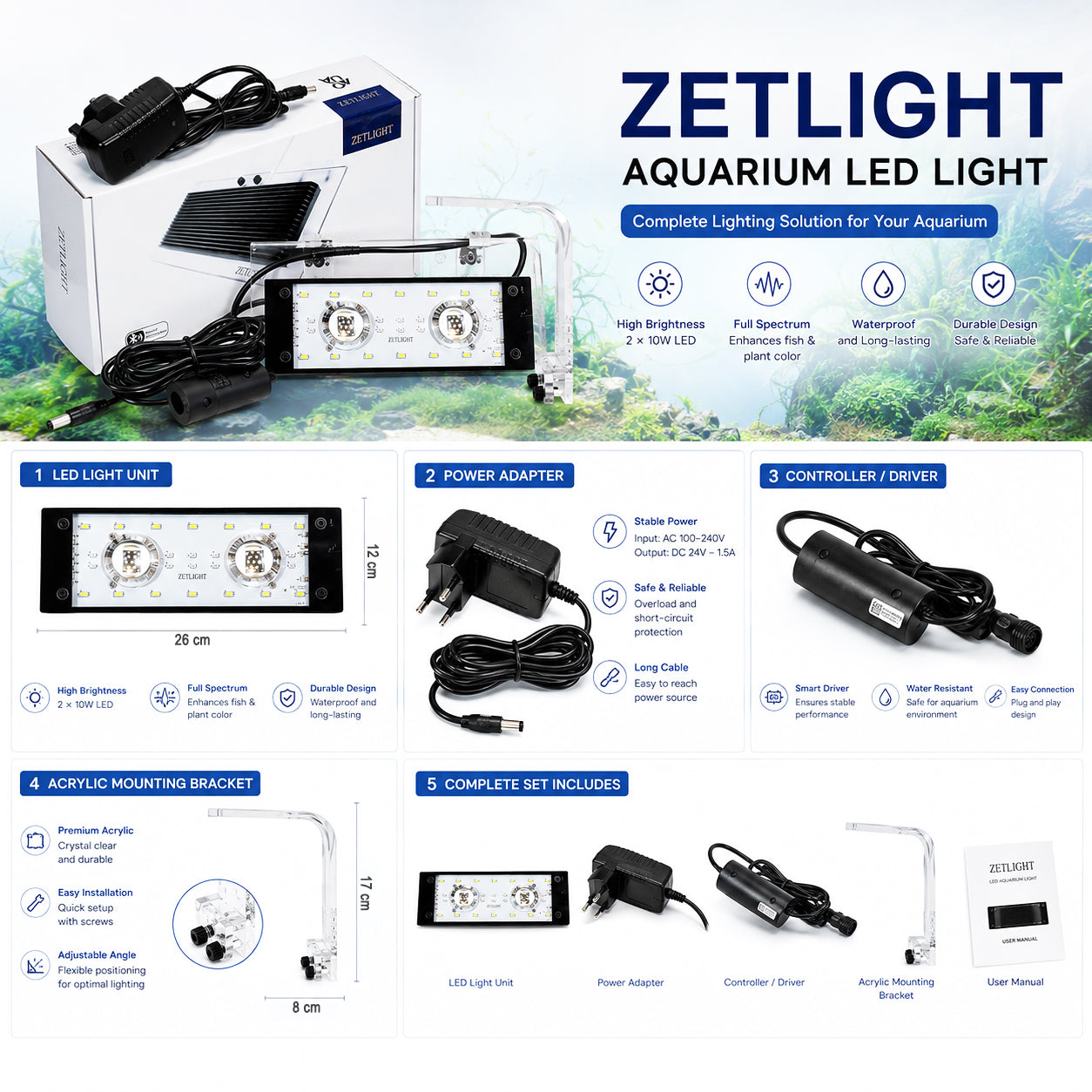 Aquarium LED Light, 2 x 10W Full Spectrum Fish Tank Light with Bluetooth App Control, Adjustable Light Intensity, High Brightness, Waterproof IPX4, Acrylic Mounting Bracket for Freshwater, Reef and Planted Tanks